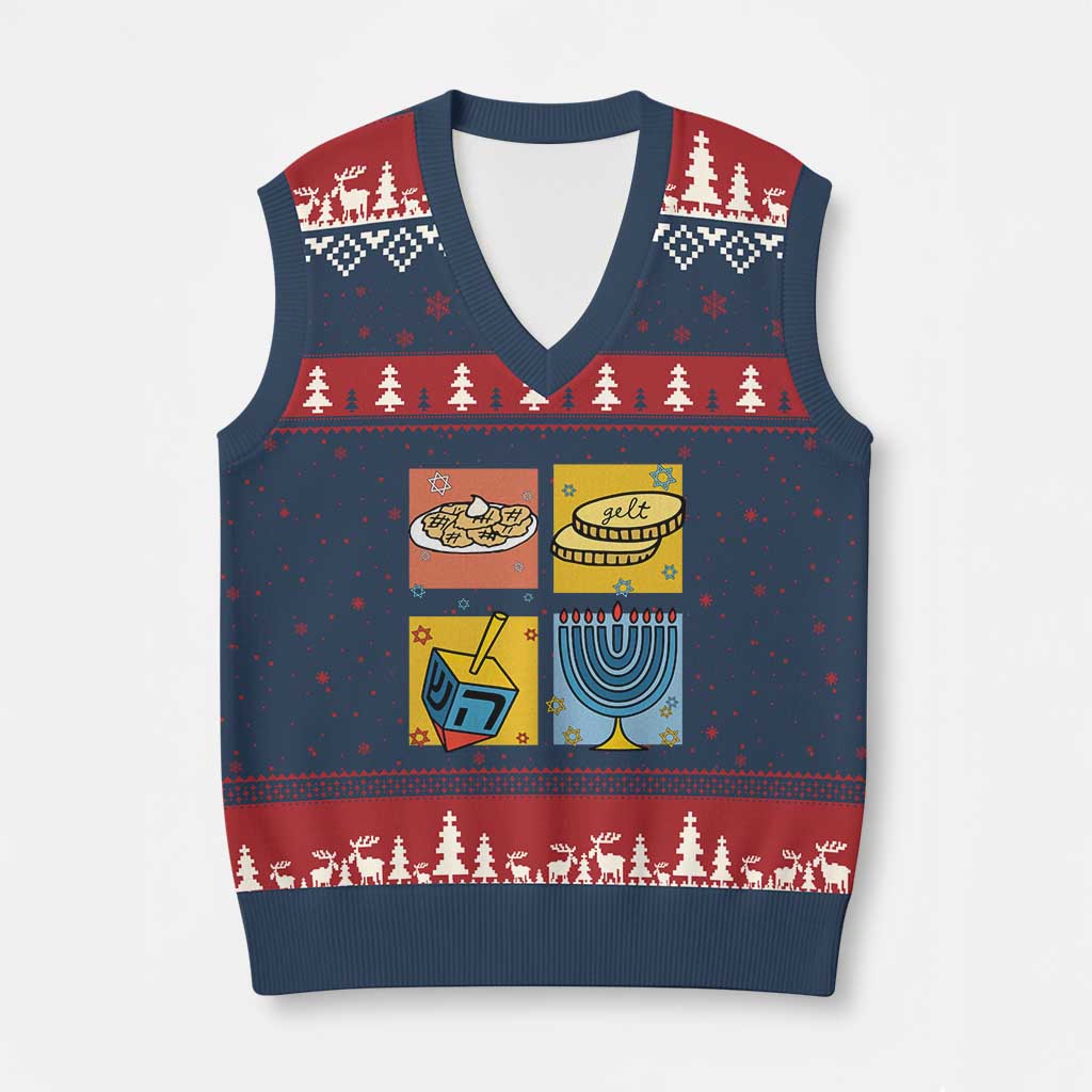 Hanukkah V-Neck Knit Sweater Vest Festival Of Lights Dreidel Menorah Candle Star Gift TS12 Navy Red Print Your Wear