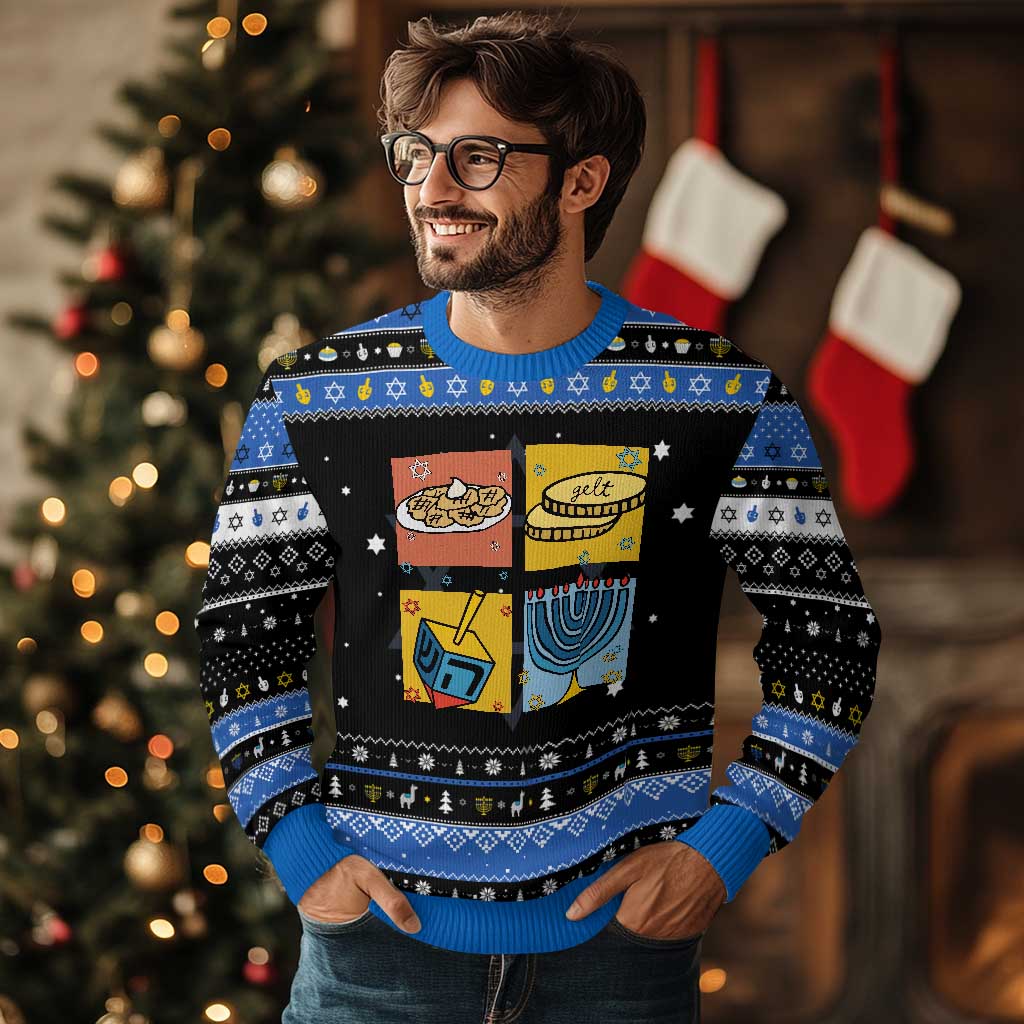 Festival Of Lights Hanukkah Ugly Sweater Dreidel Menorah Candle Star Gift TS12 Black Blue Print Your Wear