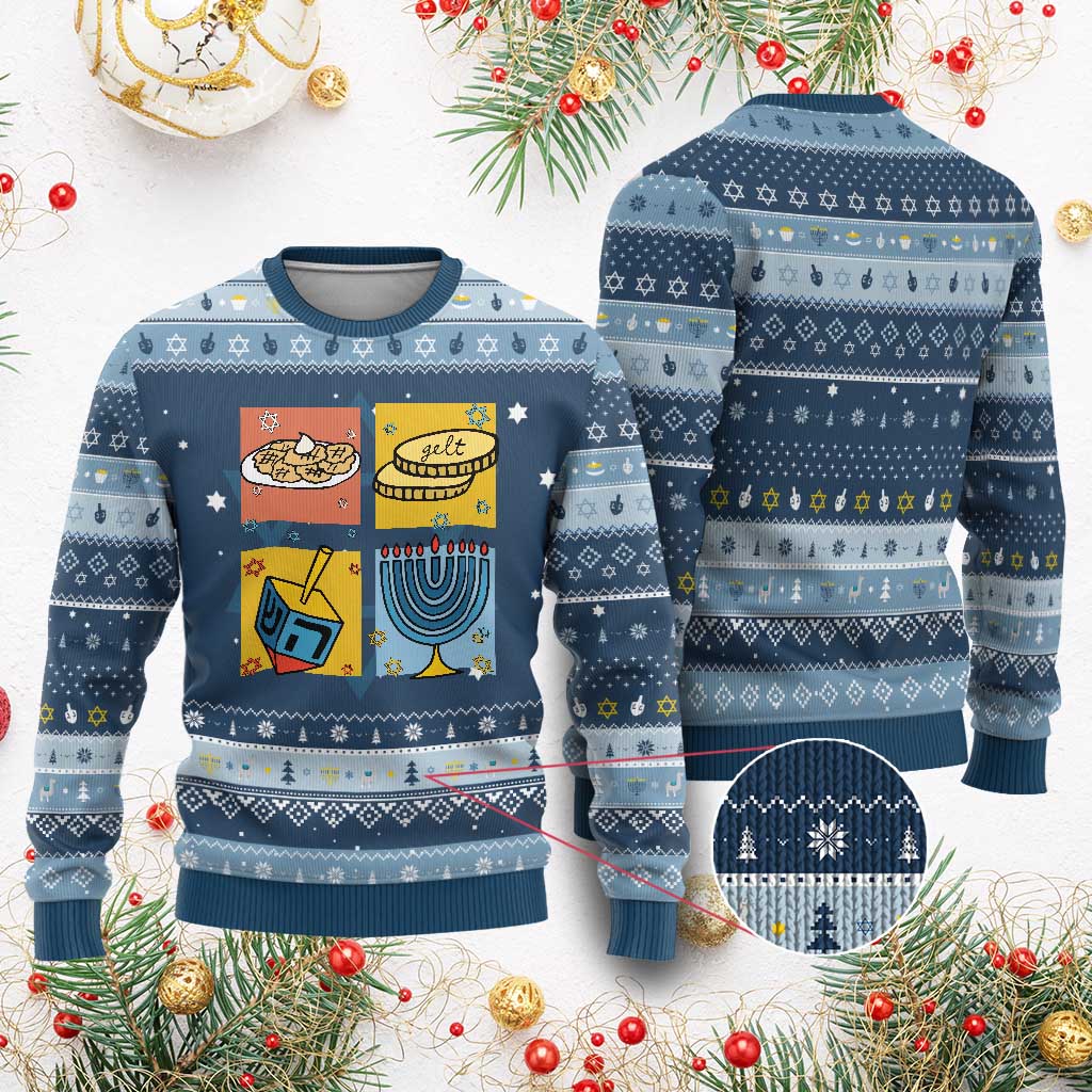 Festival Of Lights Hanukkah Ugly Sweater Dreidel Menorah Candle Star Gift TS12 Navy Light Blue Print Your Wear