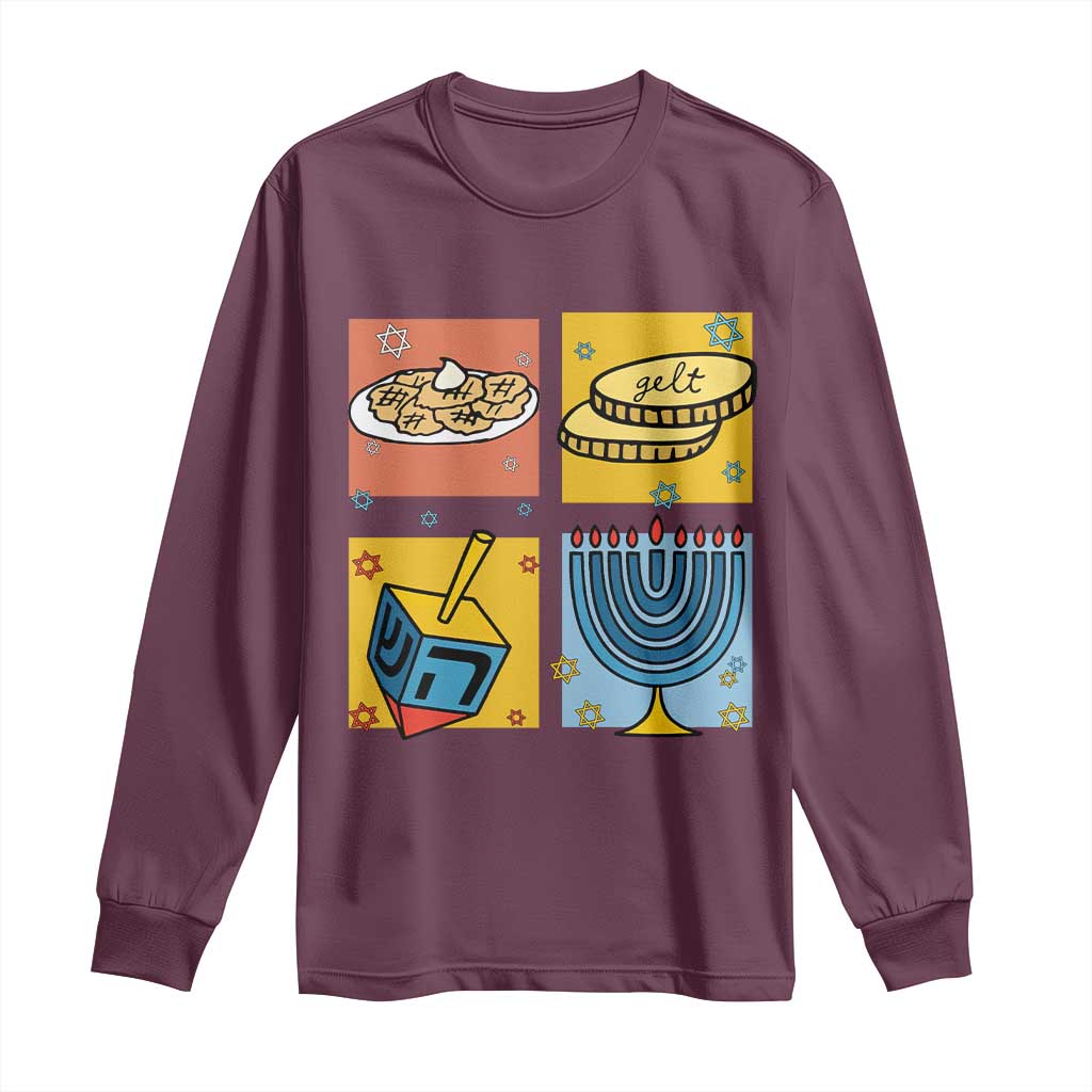 Hanukkah Long Sleeve Shirt Festival Of Lights Dreidel Menorah Candle Star Gift TS12 Maroon Print Your Wear