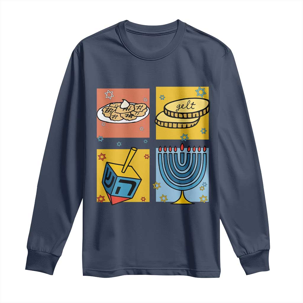 Hanukkah Long Sleeve Shirt Festival Of Lights Dreidel Menorah Candle Star Gift TS12 Navy Print Your Wear