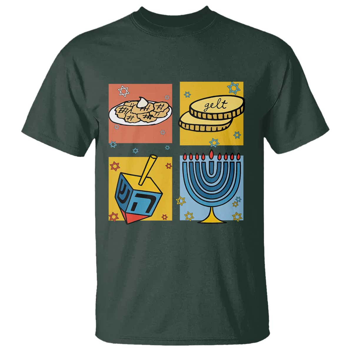 Hanukkah T Shirt Festival Of Lights Dreidel Menorah Candle Star Gift TS12 Dark Forest Green Print Your Wear
