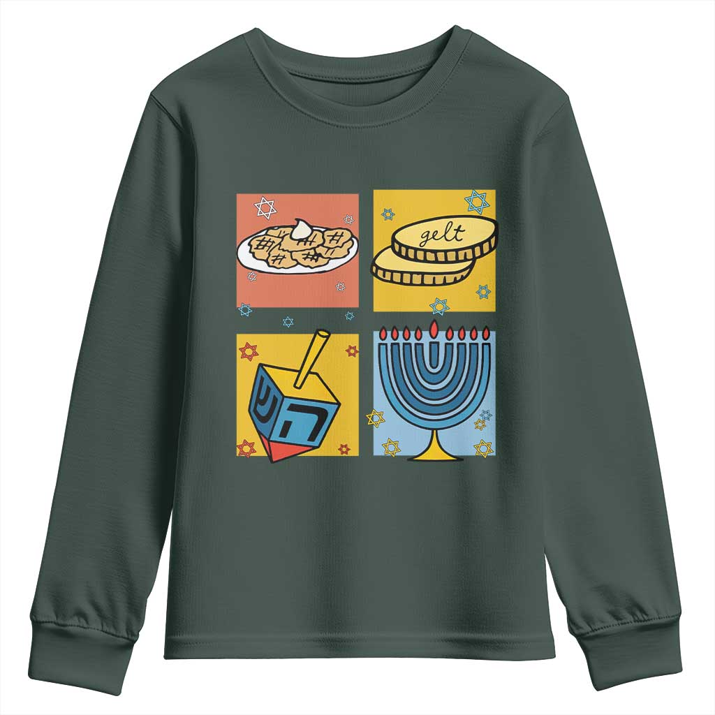 Hanukkah Youth Sweatshirt Festival Of Lights Dreidel Menorah Candle Star Gift TS12 Dark Forest Green Print Your Wear