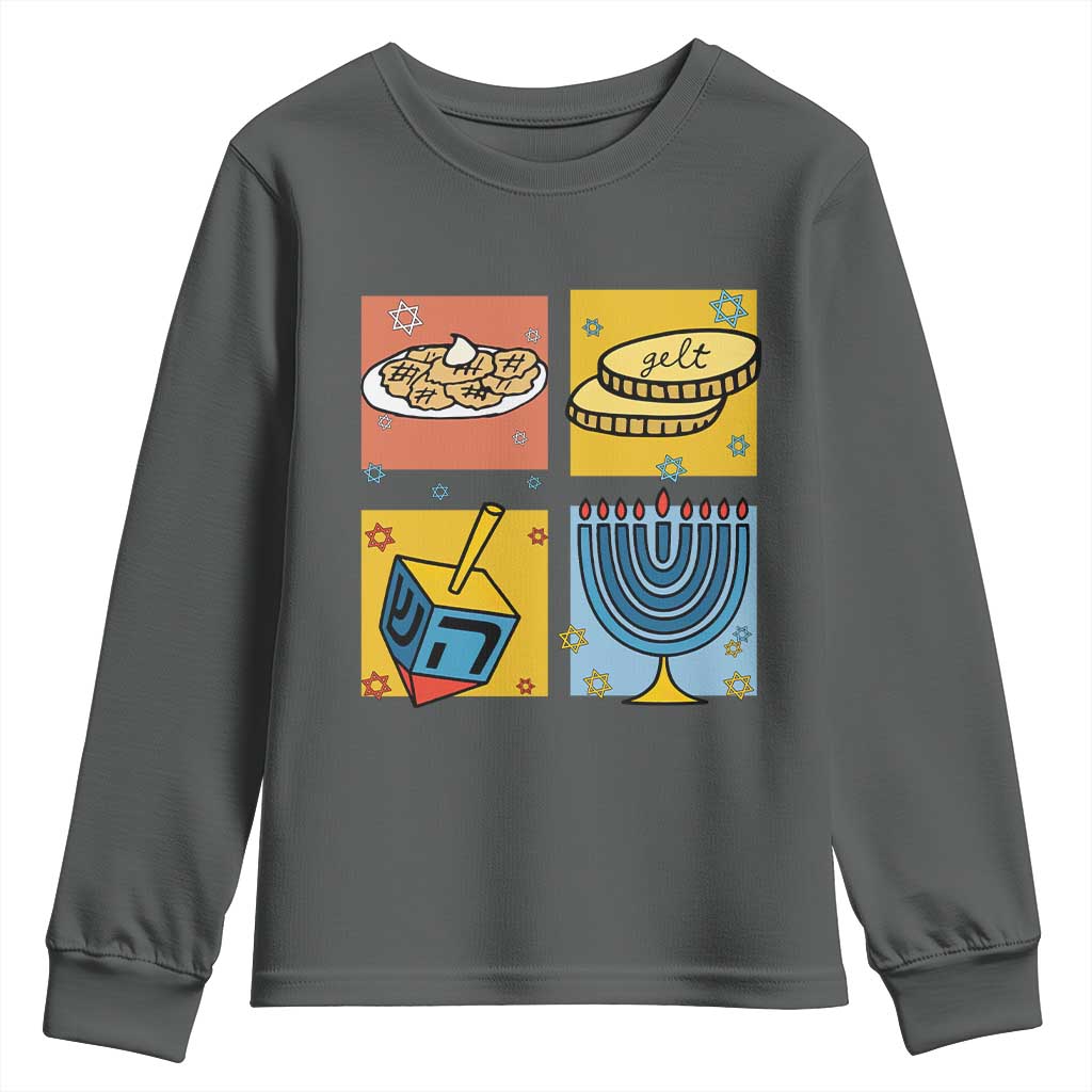 Hanukkah Youth Sweatshirt Festival Of Lights Dreidel Menorah Candle Star Gift TS12 Dark Heather Print Your Wear