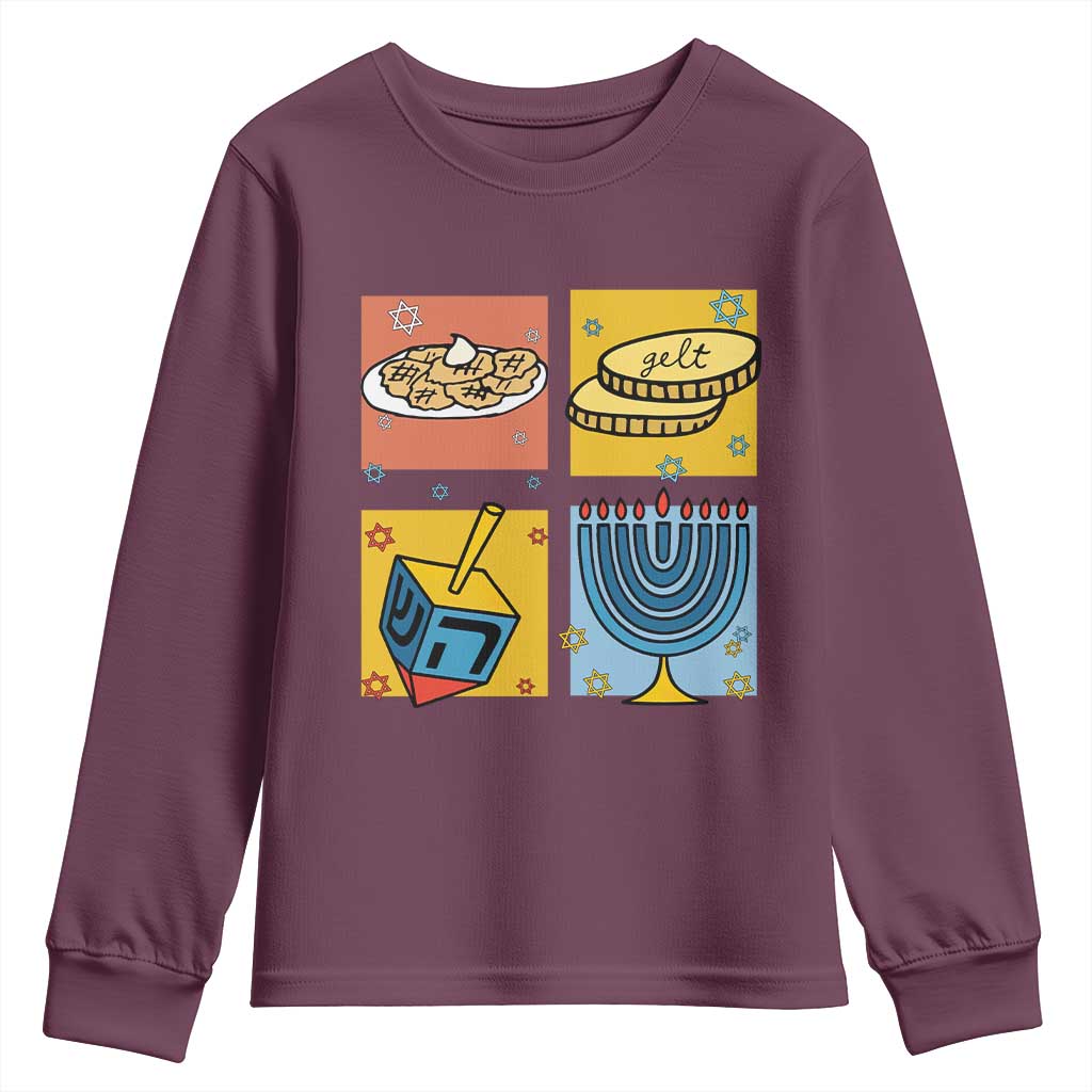 Hanukkah Youth Sweatshirt Festival Of Lights Dreidel Menorah Candle Star Gift TS12 Maroon Print Your Wear
