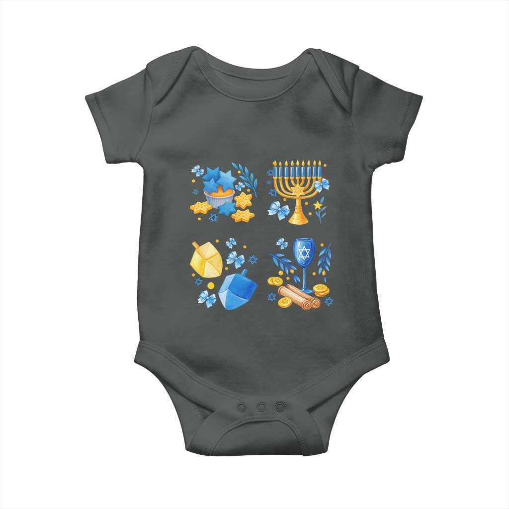 Hanukkah Celebration Baby Onesie Menorah Star Of David Candle Dreidel Gift TS12 Dark Heather Print Your Wear