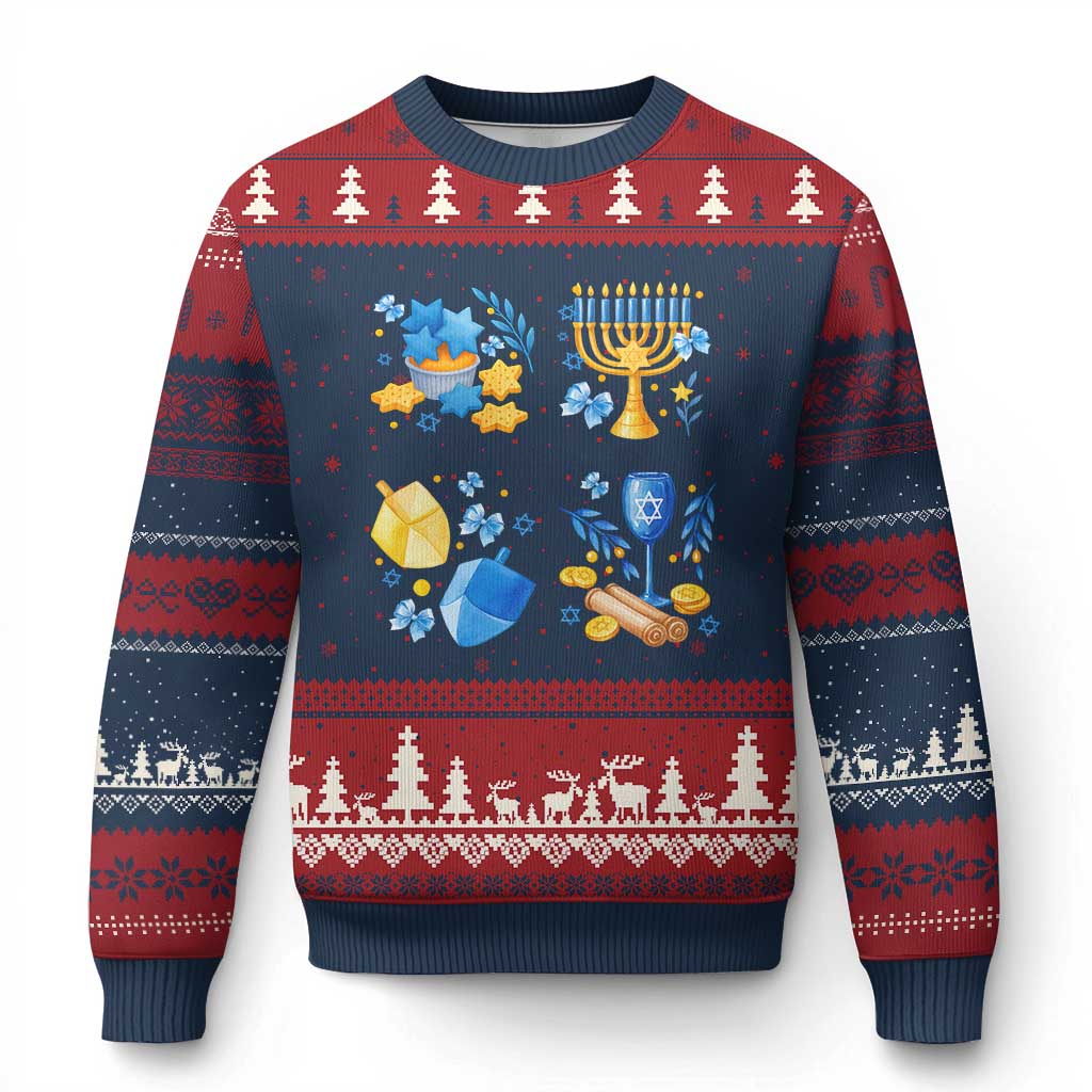 Hanukkah Celebration Ugly Christmas Sweater Menorah Star Of David Candle Dreidel Gift TS12 Navy Red Print Your Wear