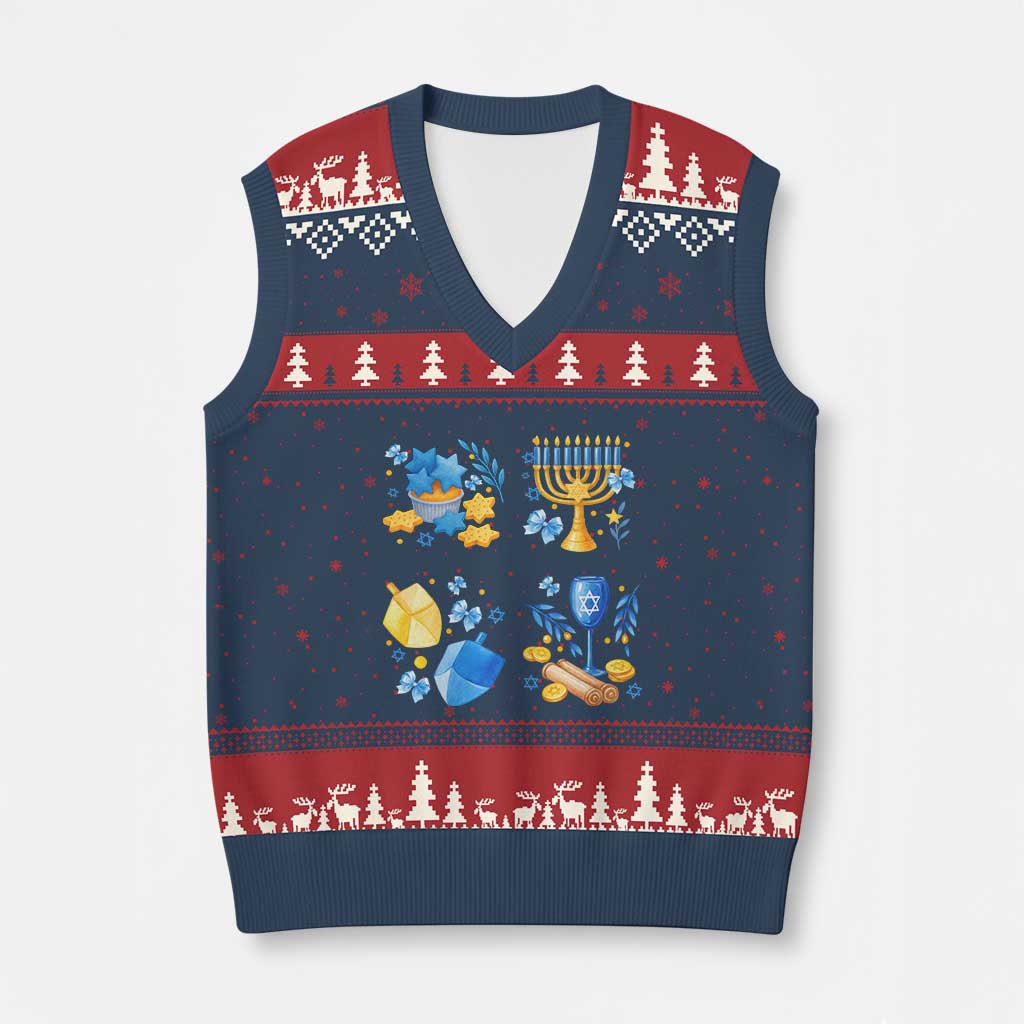Hanukkah Celebration V-Neck Knit Sweater Vest Menorah Star Of David Candle Dreidel Gift TS12 Navy Red Print Your Wear