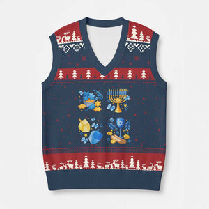 Hanukkah Celebration V-Neck Knit Sweater Vest Menorah Star Of David Candle Dreidel Gift TS12 Navy Red Print Your Wear