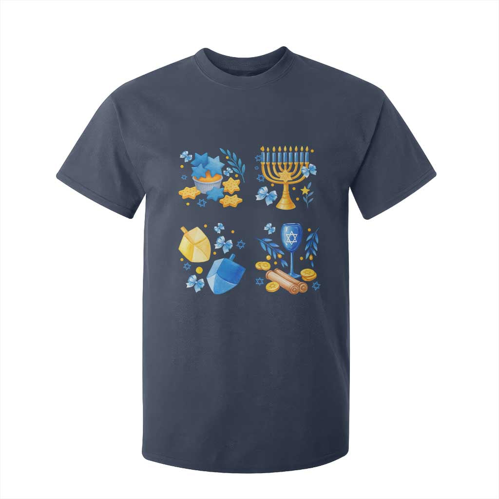 Hanukkah Celebration T Shirt For Kid Menorah Star Of David Candle Dreidel Gift TS12 Navy Print Your Wear