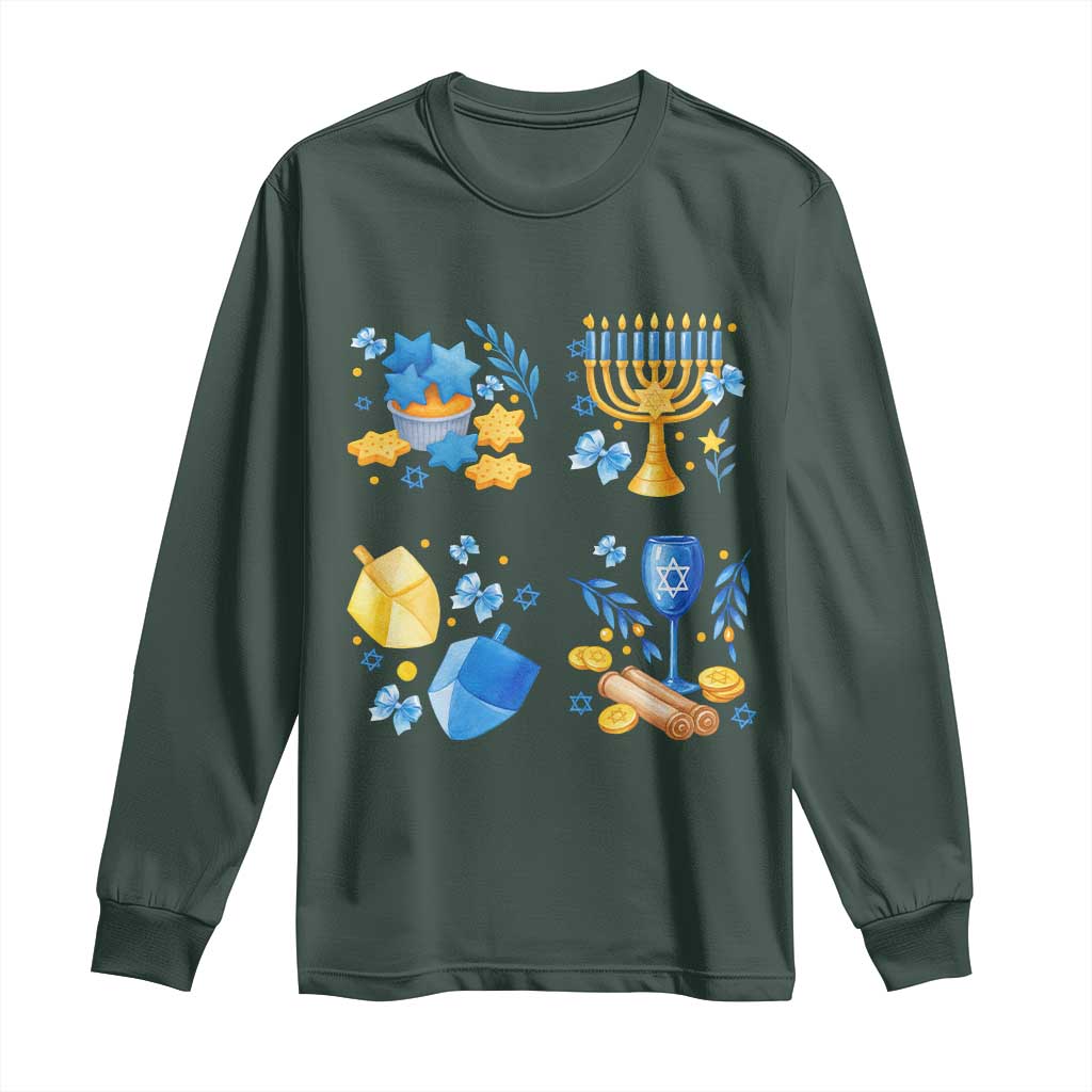 Hanukkah Celebration Long Sleeve Shirt Menorah Star Of David Candle Dreidel Gift TS12 Dark Forest Green Print Your Wear