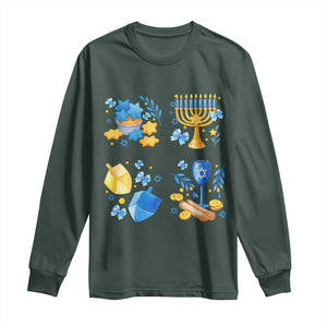 Hanukkah Celebration Long Sleeve Shirt Menorah Star Of David Candle Dreidel Gift TS12 Dark Forest Green Print Your Wear