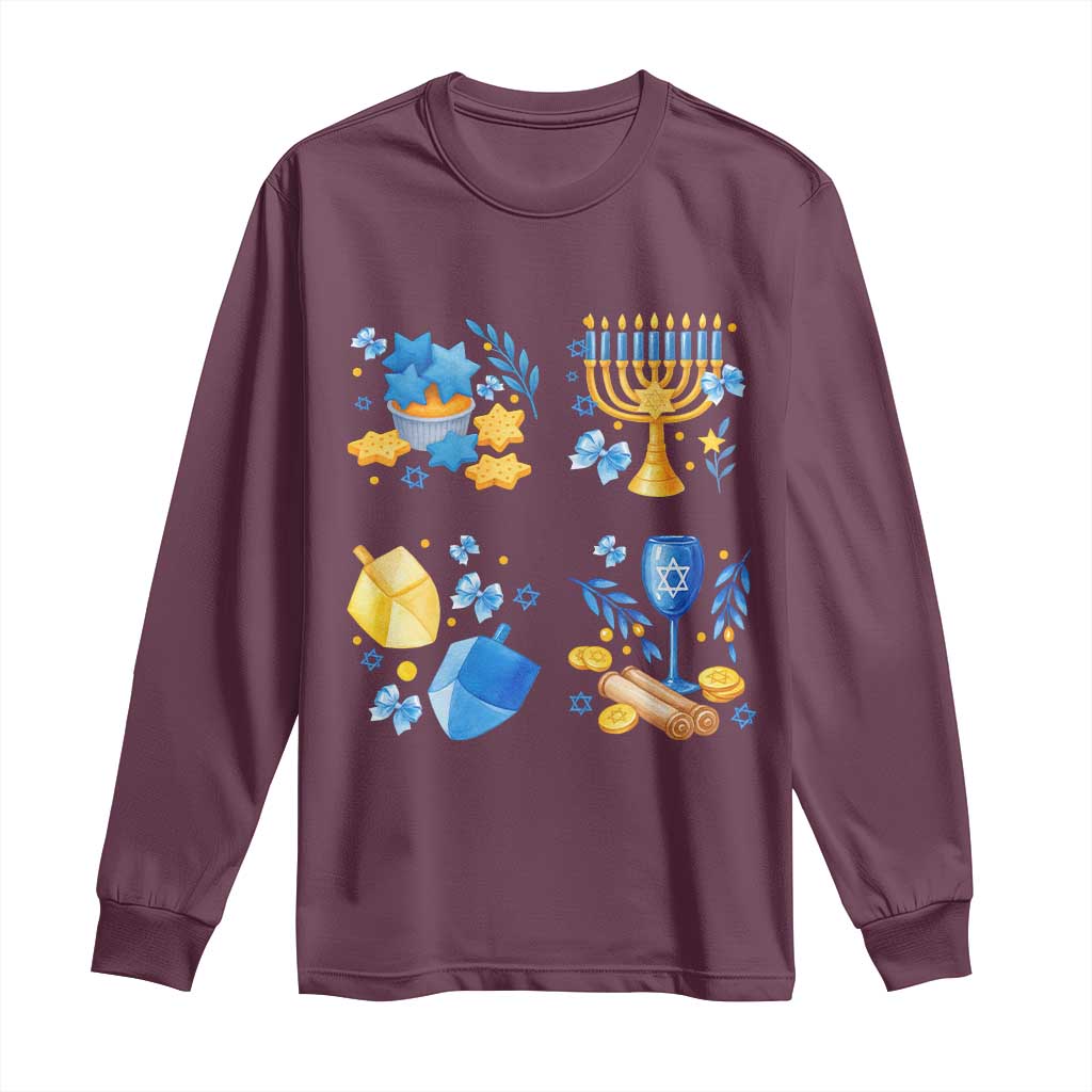 Hanukkah Celebration Long Sleeve Shirt Menorah Star Of David Candle Dreidel Gift TS12 Maroon Print Your Wear