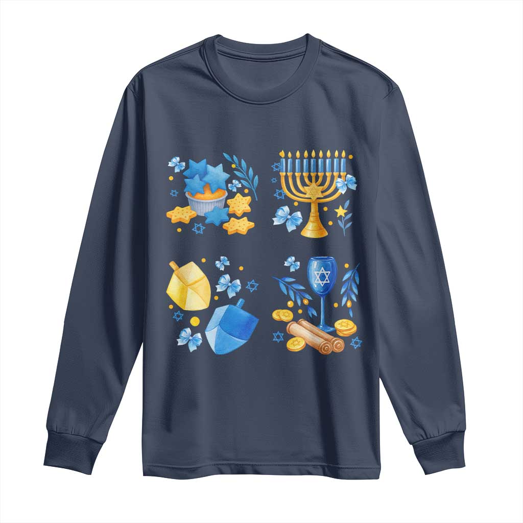Hanukkah Celebration Long Sleeve Shirt Menorah Star Of David Candle Dreidel Gift TS12 Navy Print Your Wear
