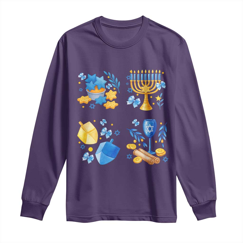 Hanukkah Celebration Long Sleeve Shirt Menorah Star Of David Candle Dreidel Gift TS12 Purple Print Your Wear