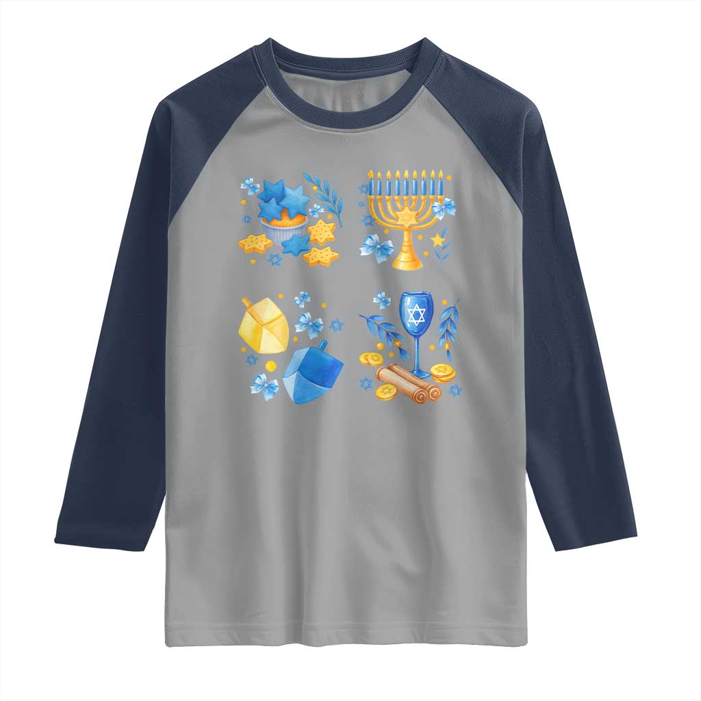 Hanukkah Celebration Raglan Shirt Menorah Star Of David Candle Dreidel Gift TS12 Sport Gray Navy Print Your Wear