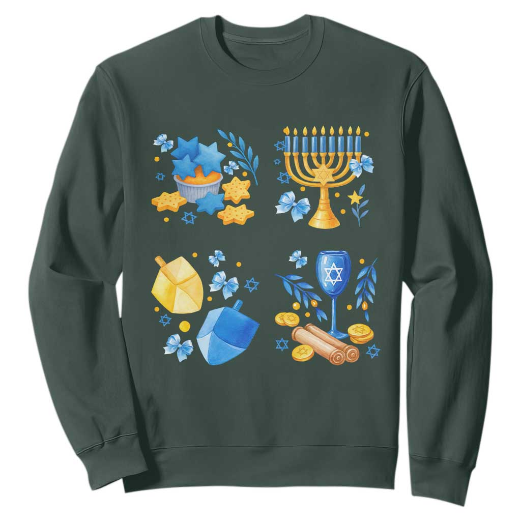Hanukkah Celebration Sweatshirt Menorah Star Of David Candle Dreidel Gift TS12 Dark Forest Green Print Your Wear