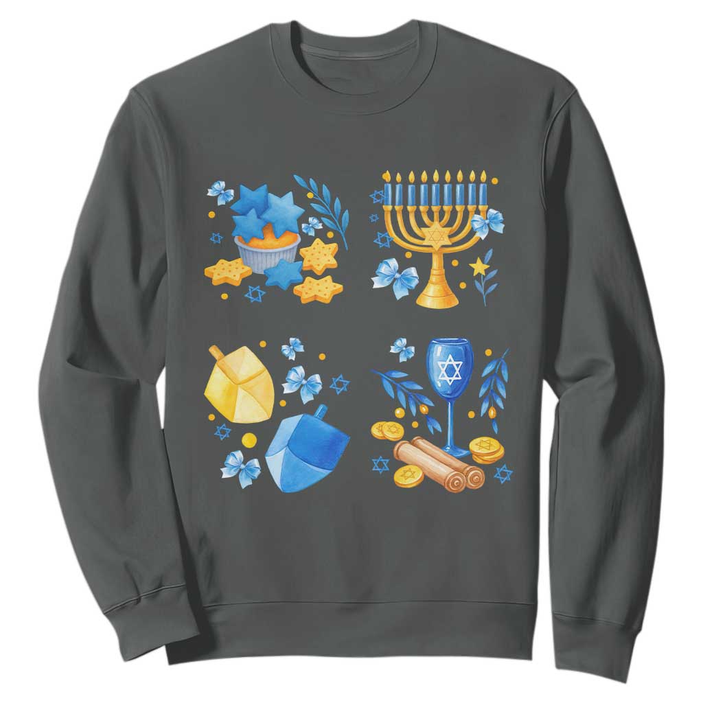 Hanukkah Celebration Sweatshirt Menorah Star Of David Candle Dreidel Gift TS12 Dark Heather Print Your Wear