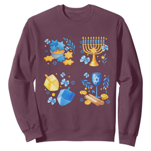 Hanukkah Celebration Sweatshirt Menorah Star Of David Candle Dreidel Gift TS12 Maroon Print Your Wear