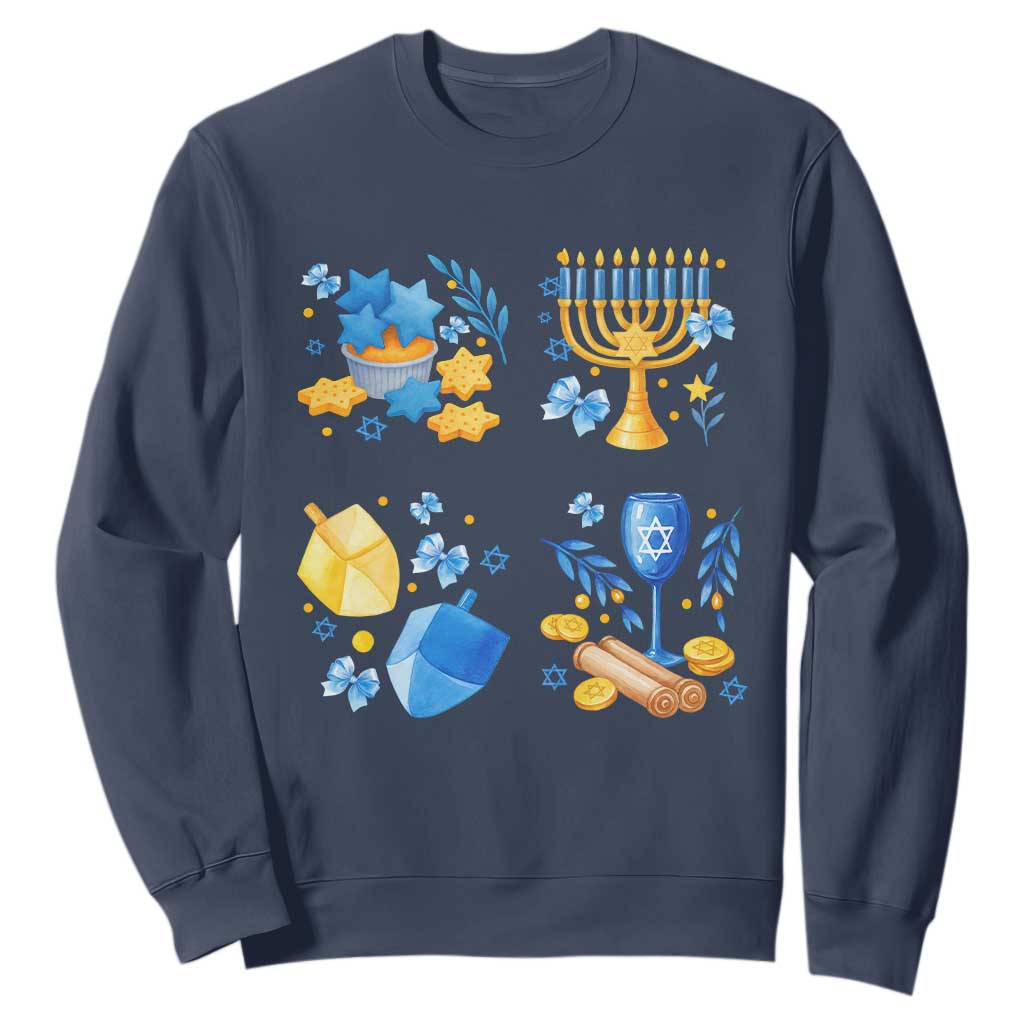 Hanukkah Celebration Sweatshirt Menorah Star Of David Candle Dreidel Gift TS12 Navy Print Your Wear