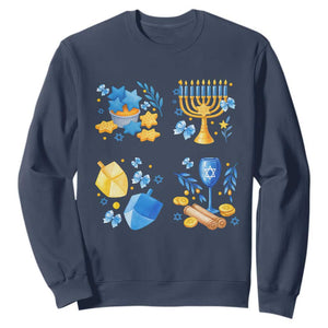 Hanukkah Celebration Sweatshirt Menorah Star Of David Candle Dreidel Gift TS12 Navy Print Your Wear