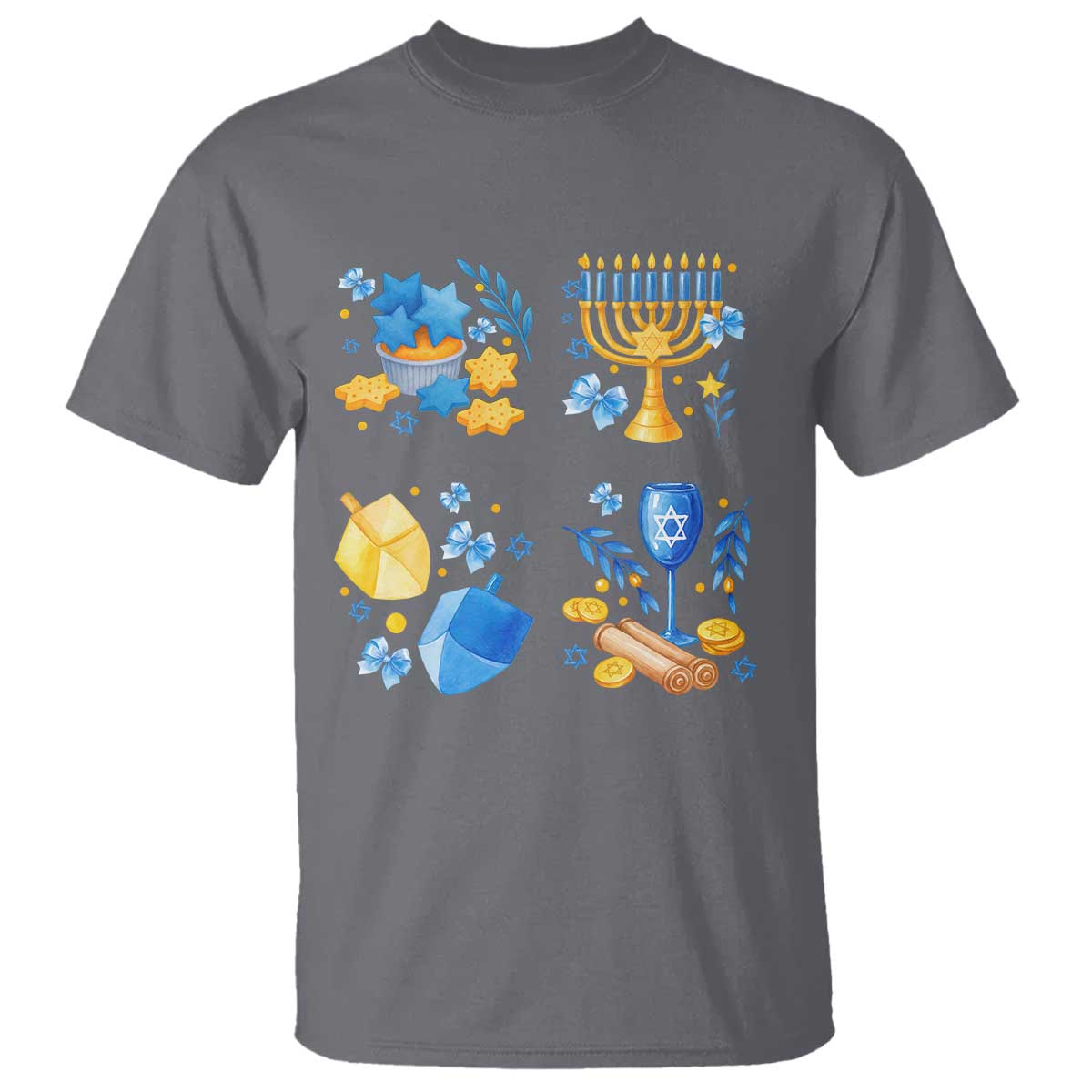Hanukkah Celebration T Shirt Menorah Star Of David Candle Dreidel Gift TS12 Charcoal Print Your Wear