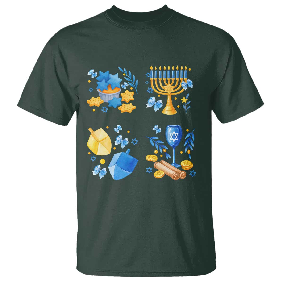 Hanukkah Celebration T Shirt Menorah Star Of David Candle Dreidel Gift TS12 Dark Forest Green Print Your Wear