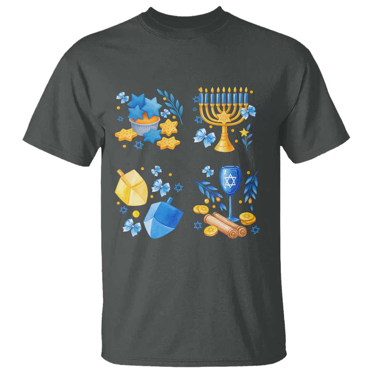 Hanukkah Celebration T Shirt Menorah Star Of David Candle Dreidel Gift TS12 Dark Heather Print Your Wear