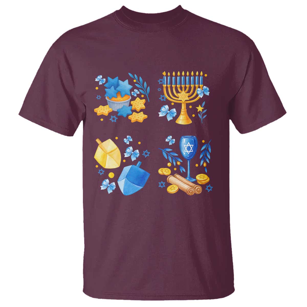 Hanukkah Celebration T Shirt Menorah Star Of David Candle Dreidel Gift TS12 Maroon Print Your Wear