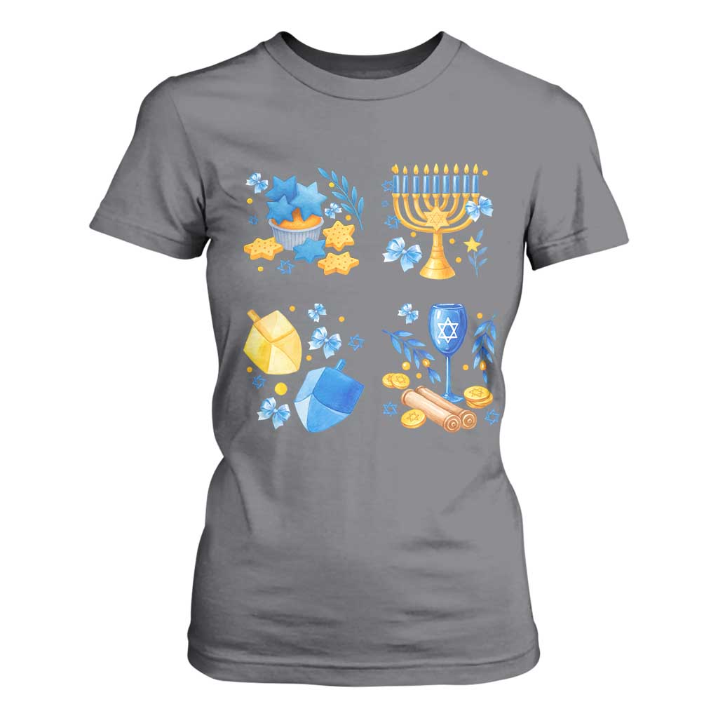 Hanukkah Celebration T Shirt For Women Menorah Star Of David Candle Dreidel Gift TS12 Charcoal Print Your Wear