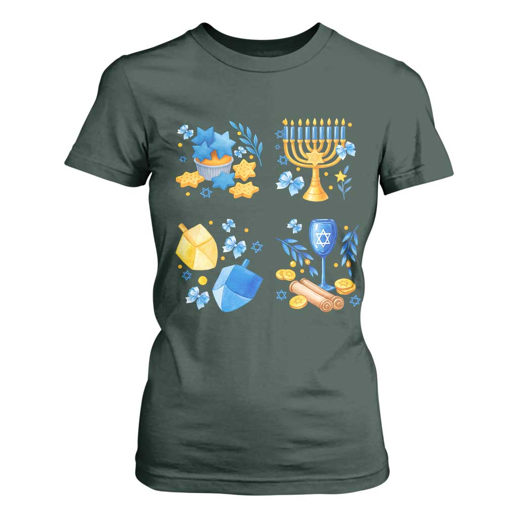 Hanukkah Celebration T Shirt For Women Menorah Star Of David Candle Dreidel Gift TS12 Dark Forest Green Print Your Wear