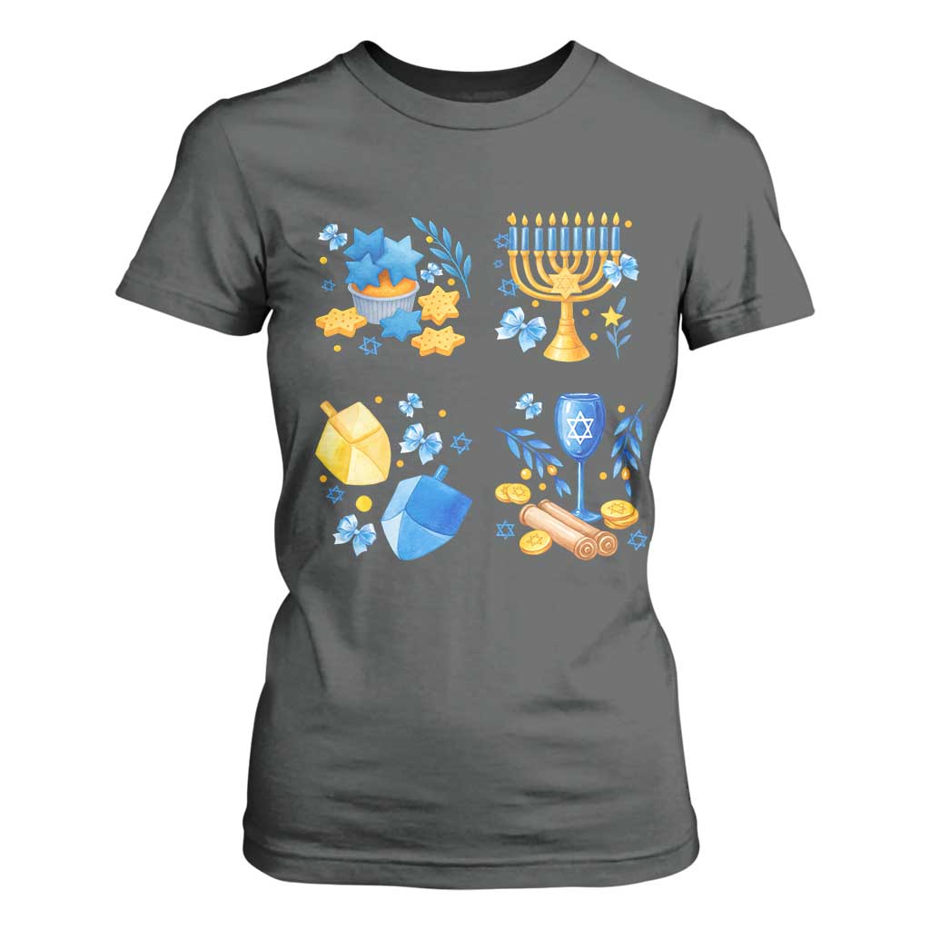 Hanukkah Celebration T Shirt For Women Menorah Star Of David Candle Dreidel Gift TS12 Dark Heather Print Your Wear