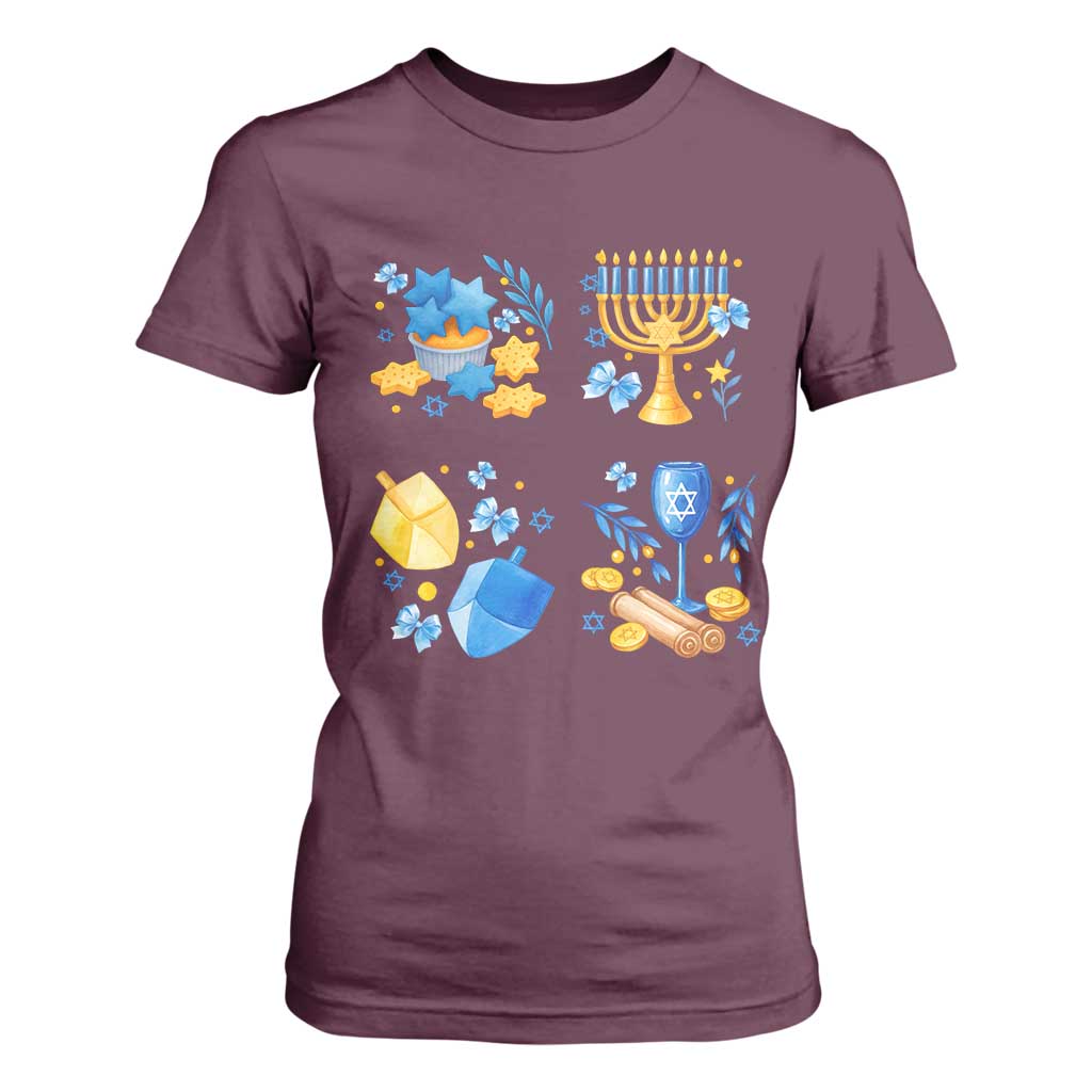 Hanukkah Celebration T Shirt For Women Menorah Star Of David Candle Dreidel Gift TS12 Maroon Print Your Wear