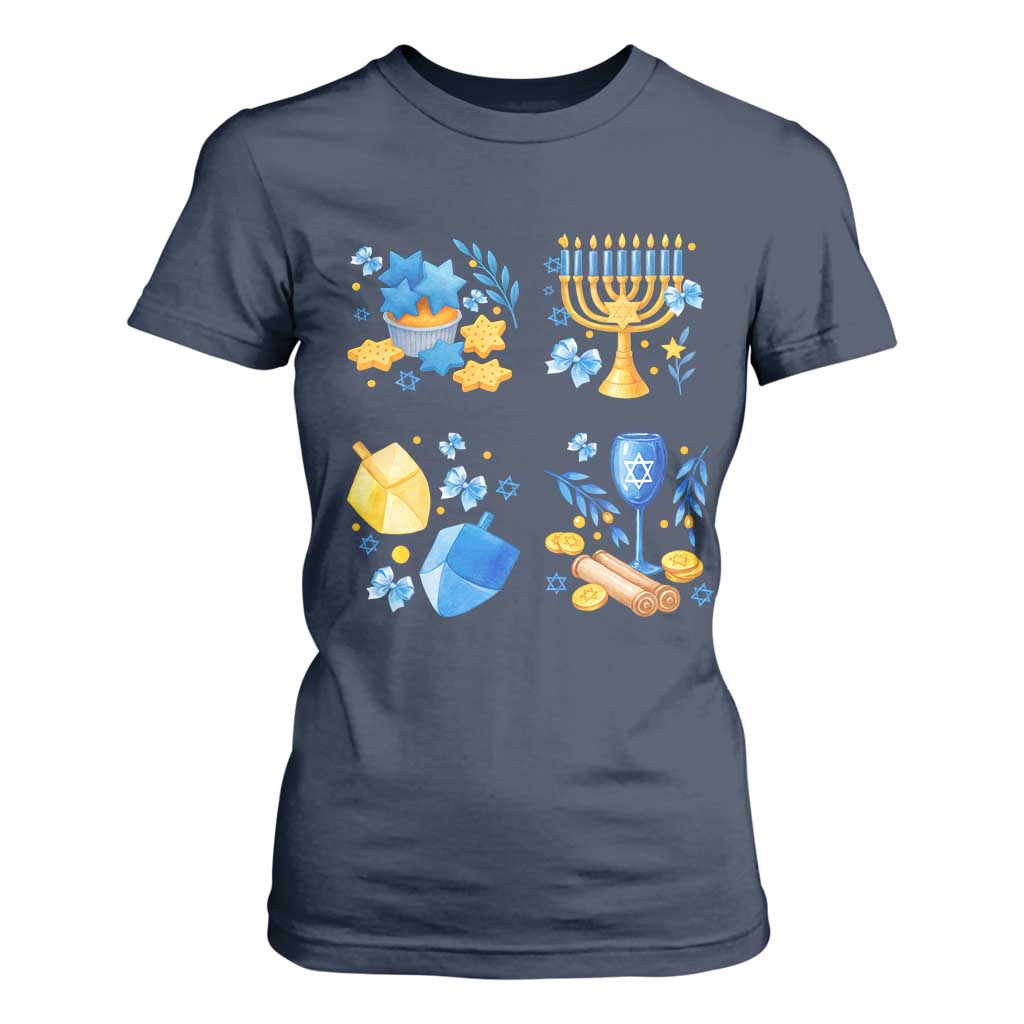 Hanukkah Celebration T Shirt For Women Menorah Star Of David Candle Dreidel Gift TS12 Navy Print Your Wear
