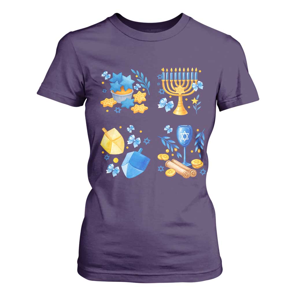Hanukkah Celebration T Shirt For Women Menorah Star Of David Candle Dreidel Gift TS12 Purple Print Your Wear