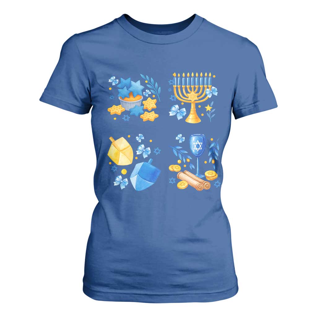 Hanukkah Celebration T Shirt For Women Menorah Star Of David Candle Dreidel Gift TS12 Royal Blue Print Your Wear