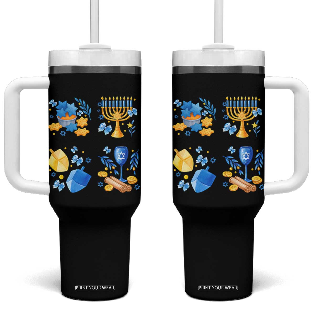 Hanukkah Celebration Tumbler With Handle Menorah Star Of David Candle Dreidel Gift TS12 One Size: 40 oz Black Print Your Wear