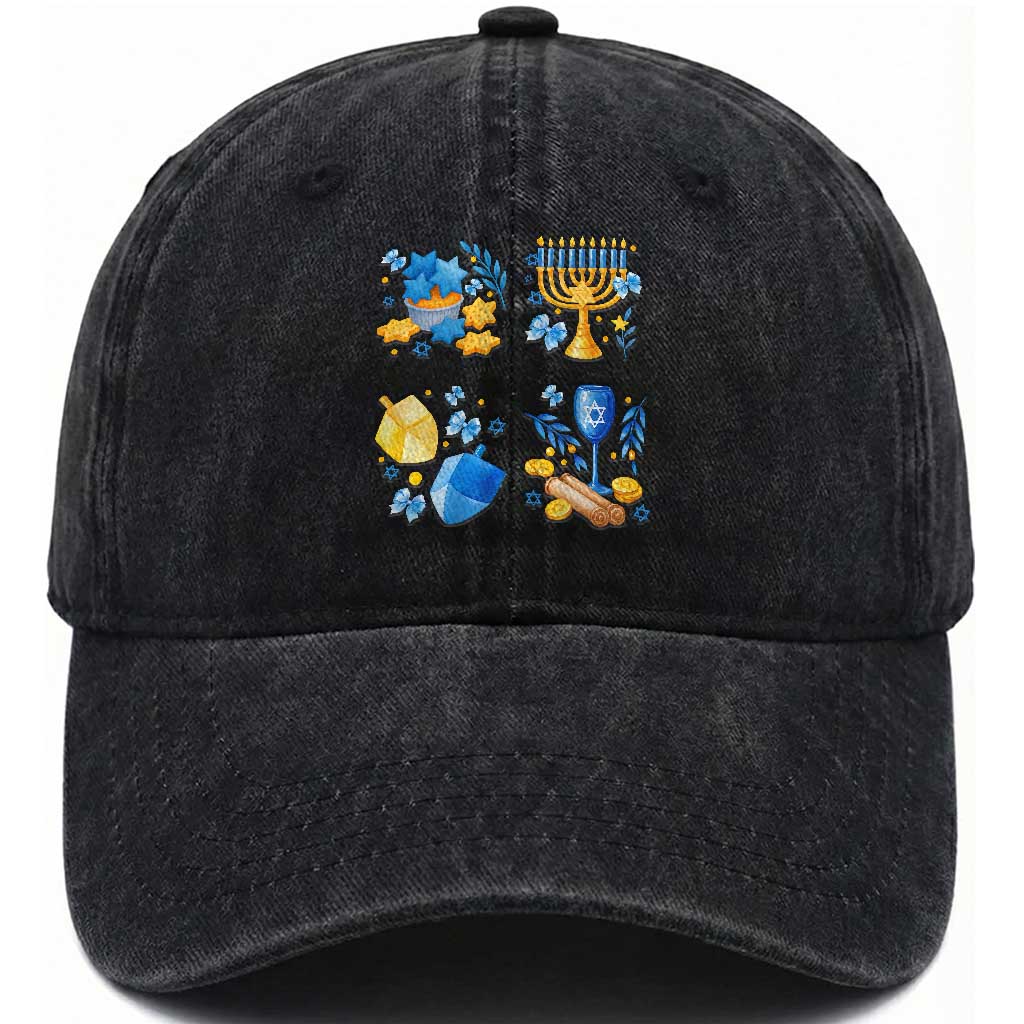 Hanukkah Celebration Washed Cotton Baseball Cap Menorah Star Of David Candle Dreidel Gift TS12 Print Your Wear