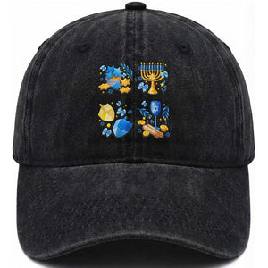 Hanukkah Celebration Washed Cotton Baseball Cap Menorah Star Of David Candle Dreidel Gift TS12 Print Your Wear