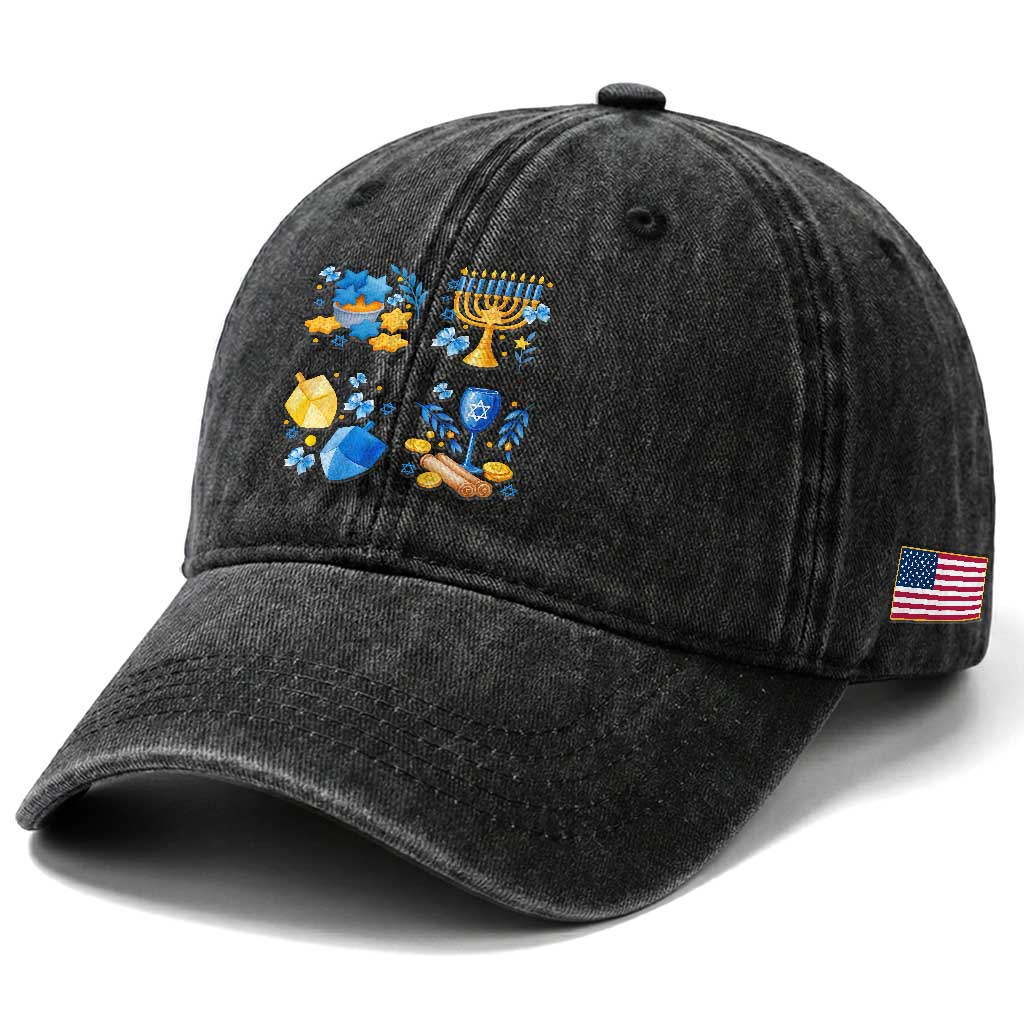 Hanukkah Celebration Washed Cotton Baseball Cap Menorah Star Of David Candle Dreidel Gift TS12 Print Your Wear
