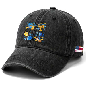 Hanukkah Celebration Washed Cotton Baseball Cap Menorah Star Of David Candle Dreidel Gift TS12 Print Your Wear