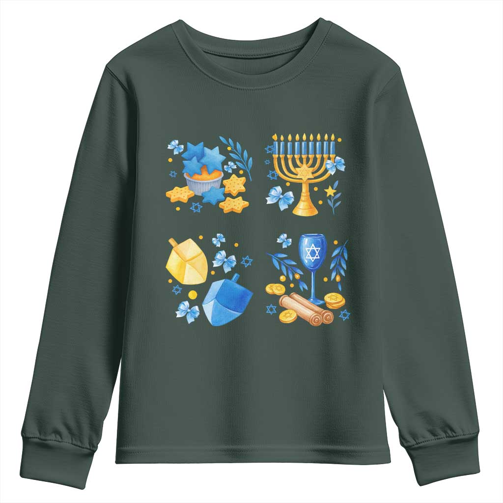 Hanukkah Celebration Youth Sweatshirt Menorah Star Of David Candle Dreidel Gift TS12 Dark Forest Green Print Your Wear