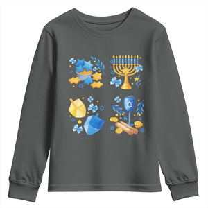Hanukkah Celebration Youth Sweatshirt Menorah Star Of David Candle Dreidel Gift TS12 Dark Heather Print Your Wear