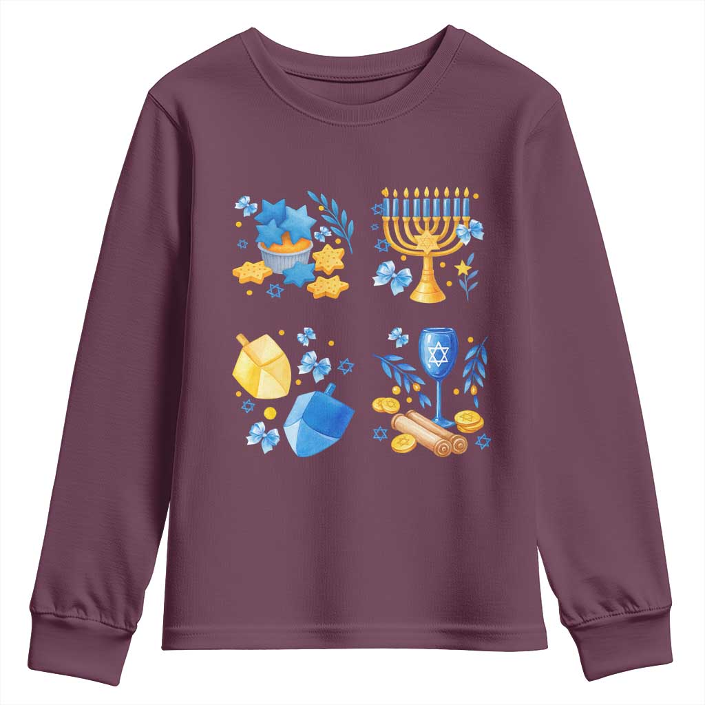 Hanukkah Celebration Youth Sweatshirt Menorah Star Of David Candle Dreidel Gift TS12 Maroon Print Your Wear