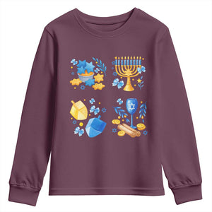 Hanukkah Celebration Youth Sweatshirt Menorah Star Of David Candle Dreidel Gift TS12 Maroon Print Your Wear