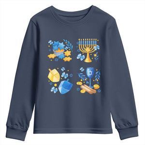 Hanukkah Celebration Youth Sweatshirt Menorah Star Of David Candle Dreidel Gift TS12 Navy Print Your Wear