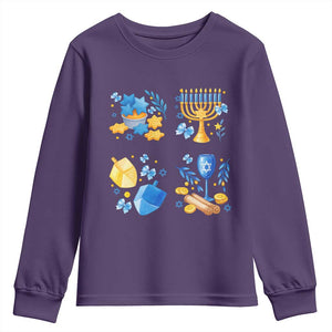 Hanukkah Celebration Youth Sweatshirt Menorah Star Of David Candle Dreidel Gift TS12 Purple Print Your Wear