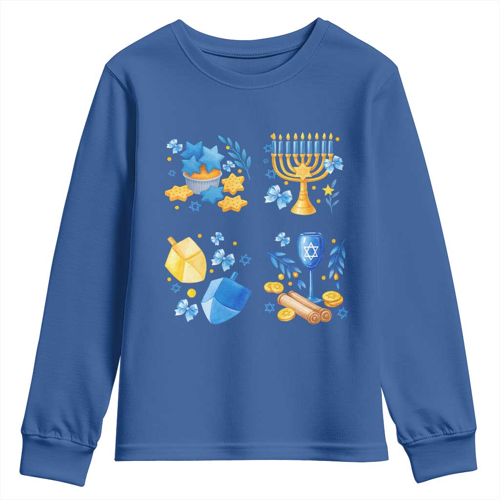Hanukkah Celebration Youth Sweatshirt Menorah Star Of David Candle Dreidel Gift TS12 Royal Blue Print Your Wear