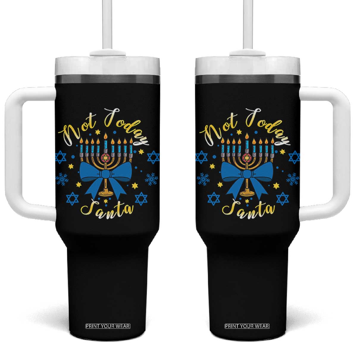 Coquette Hanukkah Menorah Bow Tumbler With Handle Not Today Santa Jewish Holiday Gift TS12 One Size: 40 oz Black Print Your Wear