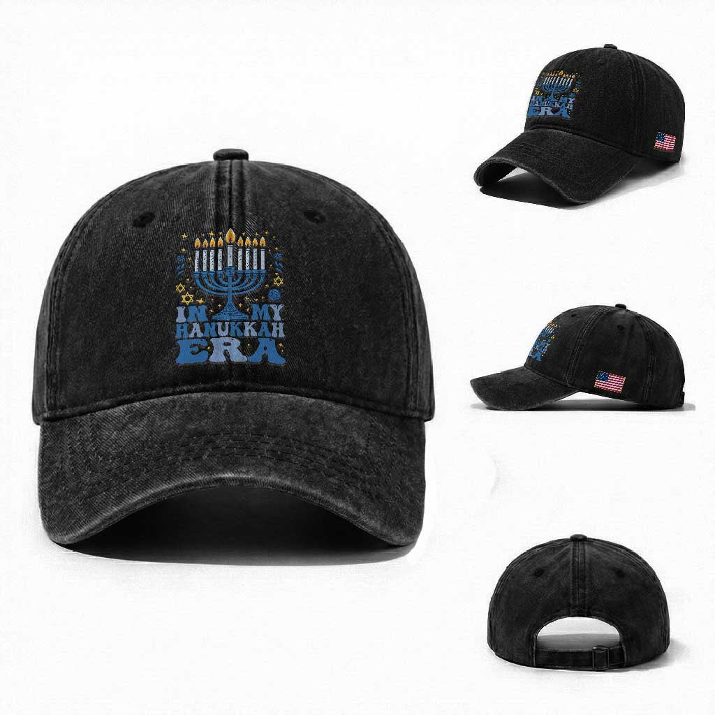 In My Hanukkah Era Washed Cotton Baseball Cap Festival Of Lights Gift TS12 Washed Cap Universal Fit Black Print Your Wear